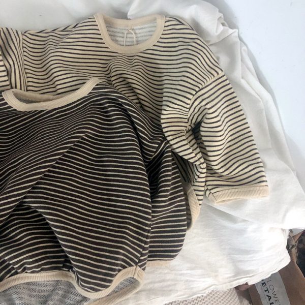 ⁦Boys And Girls T-Shirts With Striped Round Neck And Inner Bottoming Shirt Pullover Loose Loose⁩ - الصورة ⁦5⁩