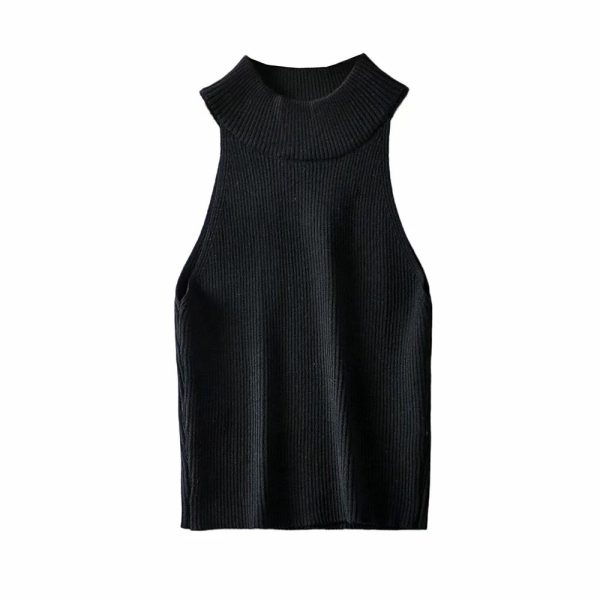 ⁦Aproms Vintage High Neck Ribbed Knitted Tank Tops Female Summer Casual White Solid Stretch Crop Top for Women Clothing⁩ - الصورة ⁦4⁩
