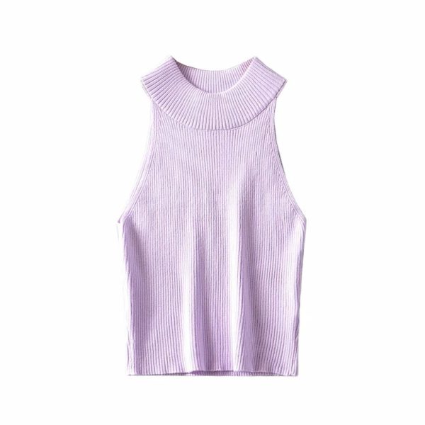 ⁦Aproms Vintage High Neck Ribbed Knitted Tank Tops Female Summer Casual White Solid Stretch Crop Top for Women Clothing⁩ - الصورة ⁦2⁩