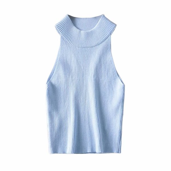 ⁦Aproms Vintage High Neck Ribbed Knitted Tank Tops Female Summer Casual White Solid Stretch Crop Top for Women Clothing⁩ - الصورة ⁦5⁩