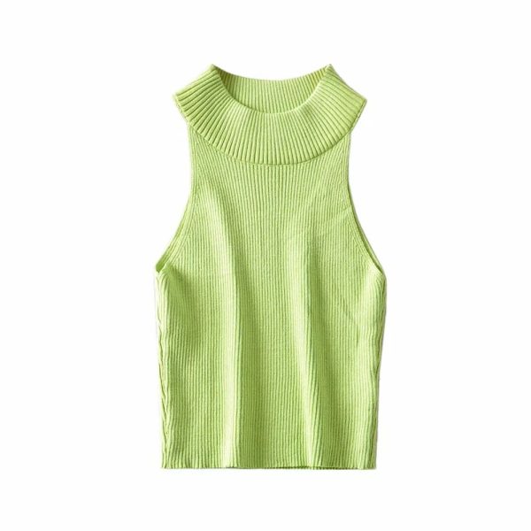 ⁦Aproms Vintage High Neck Ribbed Knitted Tank Tops Female Summer Casual White Solid Stretch Crop Top for Women Clothing⁩ - الصورة ⁦3⁩