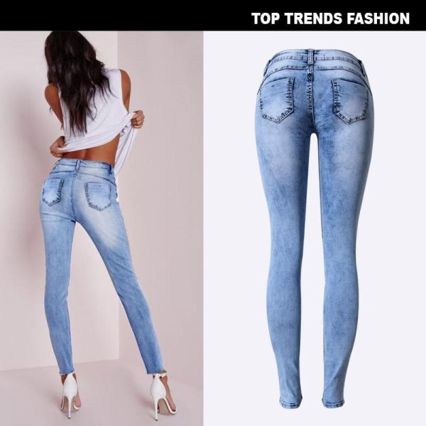 ⁦Summer Style Low Waist Sky Blue Patchwork Skinny Tights Women Pencil Jeans High Stretch Sexy Push Up Denim Women Fashion Jeans⁩ - الصورة ⁦4⁩