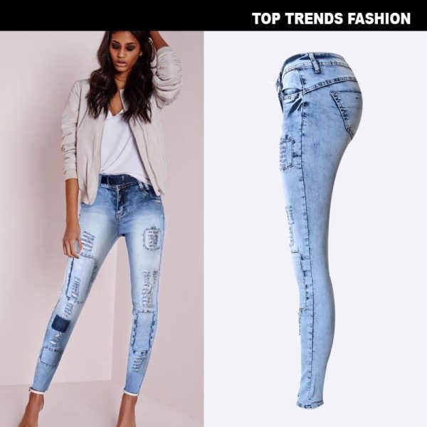 ⁦Summer Style Low Waist Sky Blue Patchwork Skinny Tights Women Pencil Jeans High Stretch Sexy Push Up Denim Women Fashion Jeans⁩ - الصورة ⁦2⁩