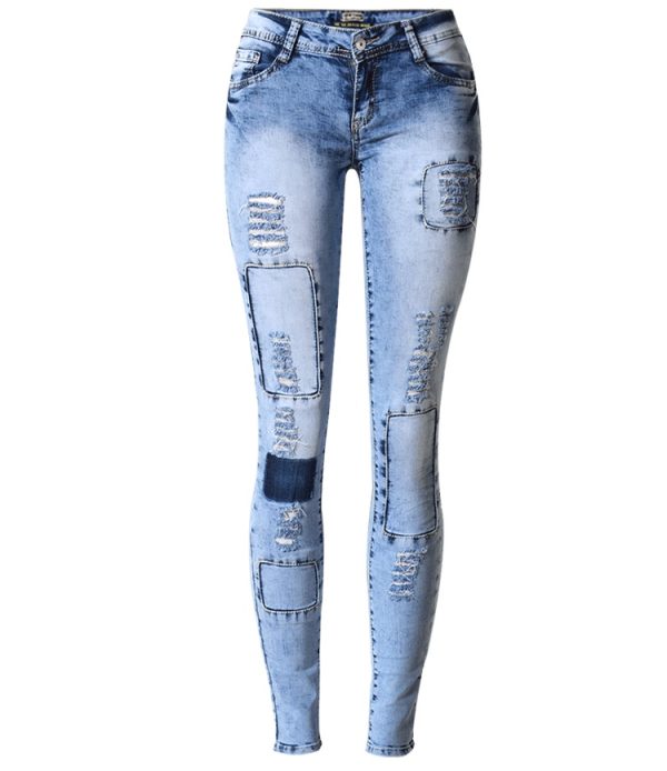 ⁦Summer Style Low Waist Sky Blue Patchwork Skinny Tights Women Pencil Jeans High Stretch Sexy Push Up Denim Women Fashion Jeans⁩ - الصورة ⁦3⁩