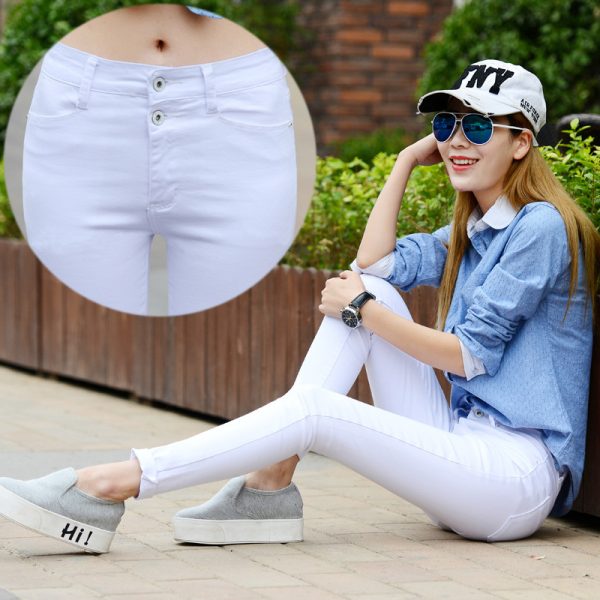 ⁦Women White Denim Jeans Pants Slim Female Girl Jean Trousers⁩ - الصورة ⁦4⁩