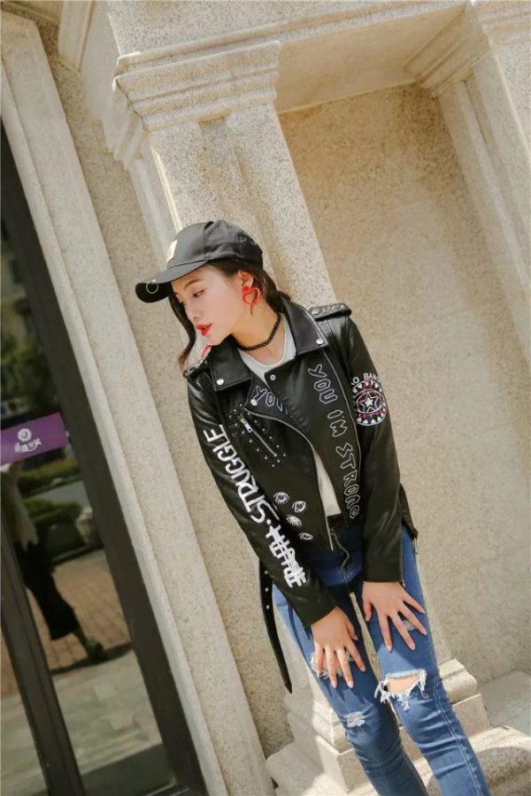 ⁦New Women Autumn Winter Faux Soft Leather Jackets Coats Lady Black⁩ - الصورة ⁦5⁩