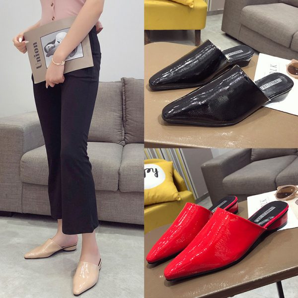 ⁦Womens Flats Shoes Mules Slides Pu Leather Slides Low Heels Pointed Toe Slippers⁩ - الصورة ⁦3⁩