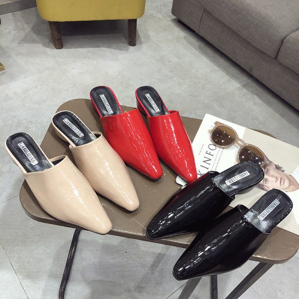 ⁦Womens Flats Shoes Mules Slides Pu Leather Slides Low Heels Pointed Toe Slippers⁩ - الصورة ⁦7⁩