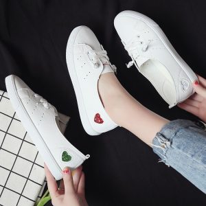 Womens Flat Sneakers Shoes Slip On Lace Up White Heart Cute