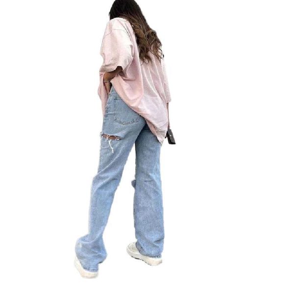 ⁦Women's Fashion Ripped Washed Straight Pants Jeans⁩ - الصورة ⁦2⁩