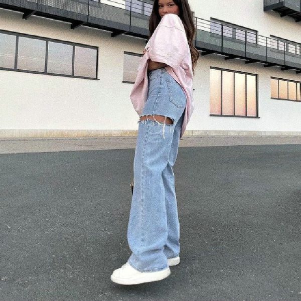 ⁦Women's Fashion Ripped Washed Straight Pants Jeans⁩ - الصورة ⁦6⁩