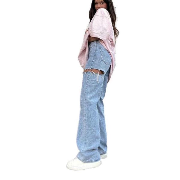⁦Women's Fashion Ripped Washed Straight Pants Jeans⁩ - الصورة ⁦3⁩