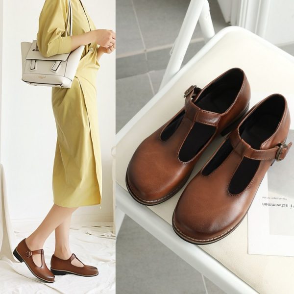 ⁦Women Flats Round Toe Shallow Mouth Mary Jane  Ankle Strap Buckle⁩ - الصورة ⁦3⁩