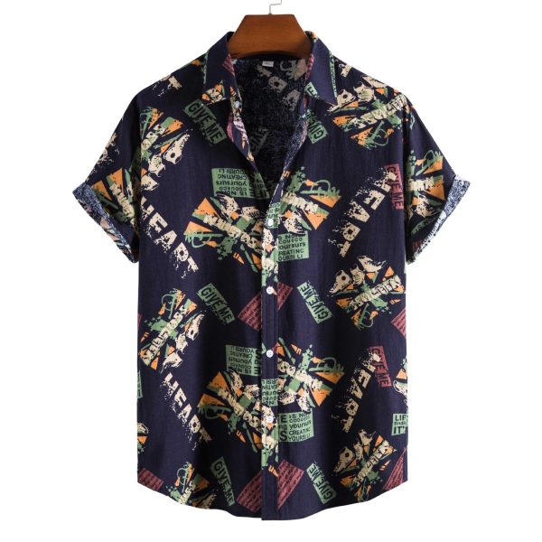 ⁦Vintage Letter Print Turn-down Collar Shirts Men Casual Short Sleeve Tops Summer Mens Button Loose Shirt Fashion Streetwear⁩ - الصورة ⁦2⁩