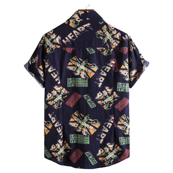 ⁦Vintage Letter Print Turn-down Collar Shirts Men Casual Short Sleeve Tops Summer Mens Button Loose Shirt Fashion Streetwear⁩ - الصورة ⁦3⁩