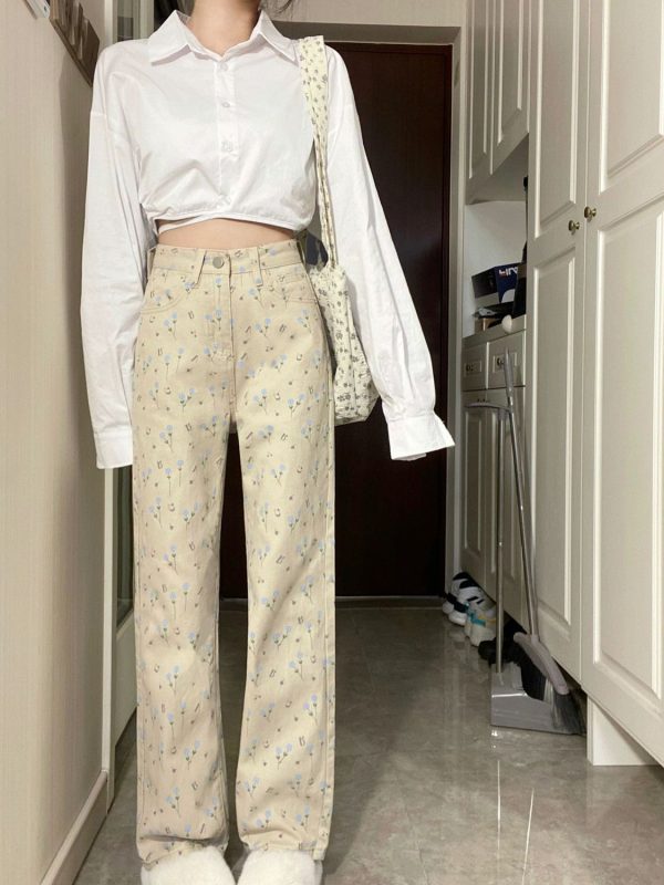 ⁦Apricot Floral Jeans Women Loose Wide-leg Straight Trousers⁩ - الصورة ⁦6⁩