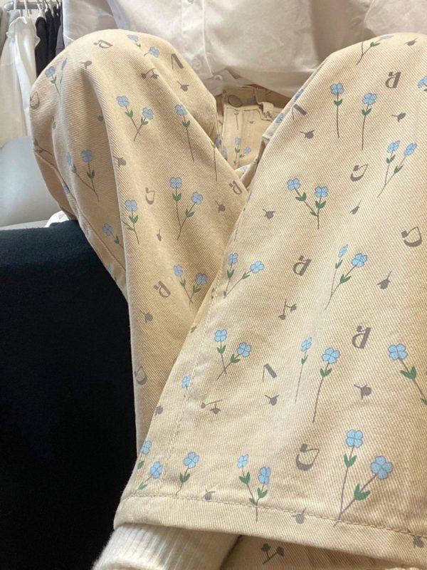 ⁦Apricot Floral Jeans Women Loose Wide-leg Straight Trousers⁩ - الصورة ⁦7⁩