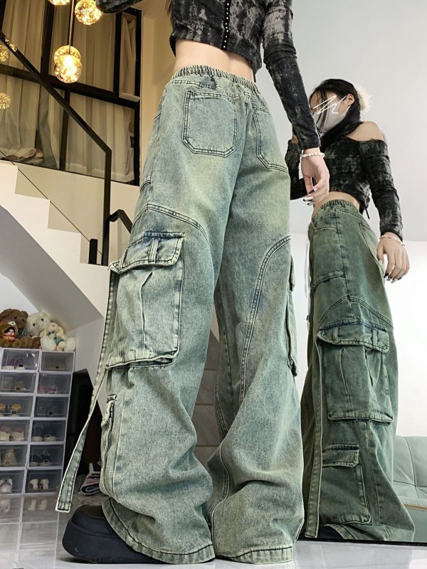 ⁦Vintage Jeans Worn Looking Washed-out Overalls For Women⁩ - الصورة ⁦5⁩