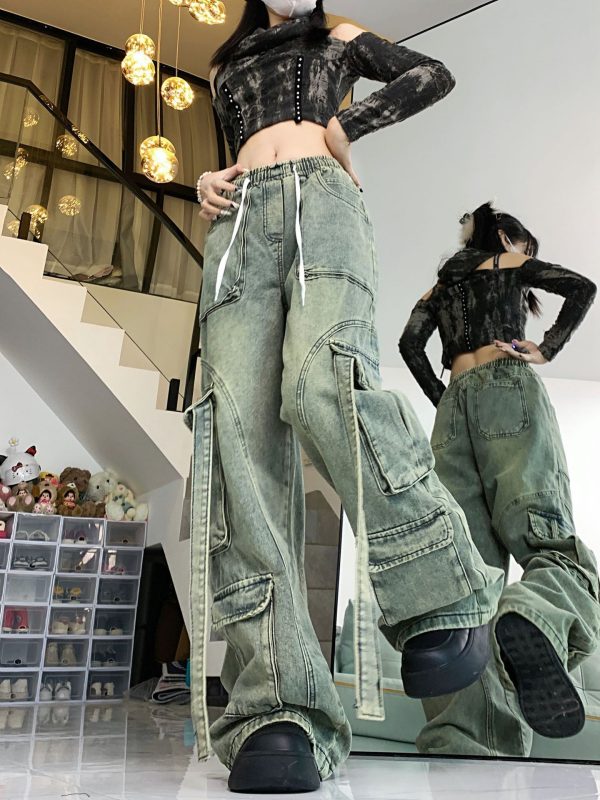⁦Vintage Jeans Worn Looking Washed-out Overalls For Women⁩ - الصورة ⁦8⁩