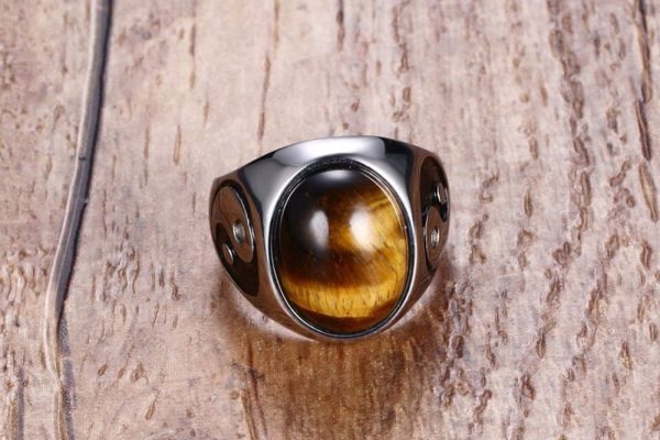 ⁦Vintage Men Boy Oval Tiger Eye Brown Stones with Yin Yang Symbol Ring in Stainless Steel Jewelry Mens Accessories Anel Aneis⁩ - الصورة ⁦3⁩