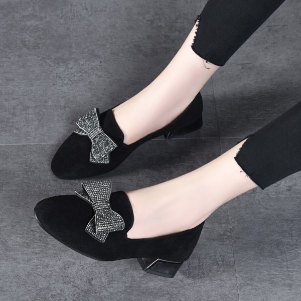 ⁦All-matching Round Toe Rhinestone Bow Leather Shoes⁩ - الصورة ⁦2⁩