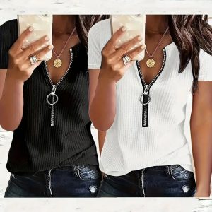 2 Pack Women's Zipper V Neck Short Sleeve Tunic Tops Loose Fit Summer T Shirts Blouse