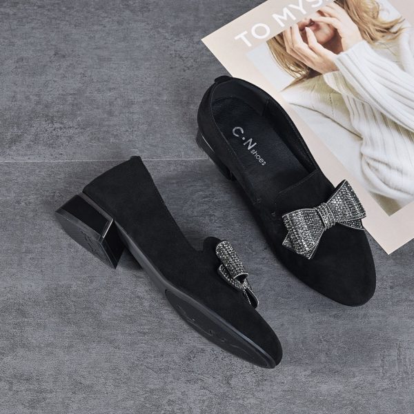 ⁦All-matching Round Toe Rhinestone Bow Leather Shoes⁩ - الصورة ⁦9⁩