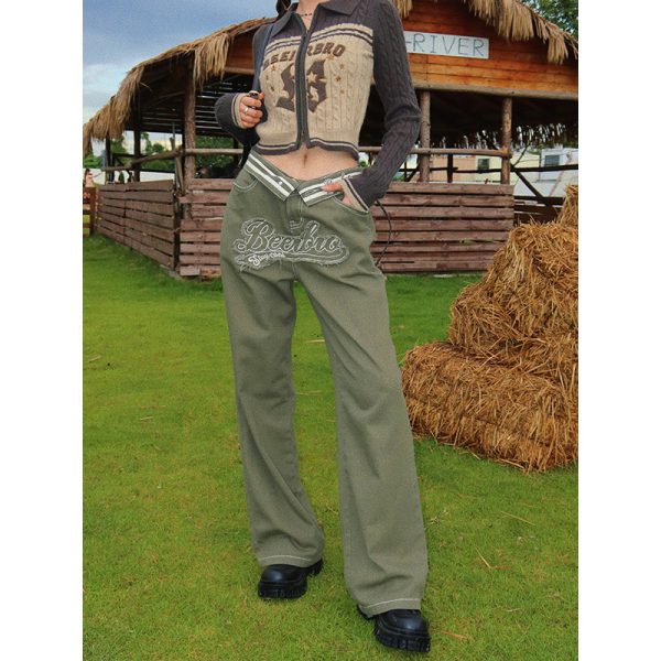 ⁦American Gothic Patch Embroidery Raw Edge Straight Jeans Women⁩ - الصورة ⁦4⁩