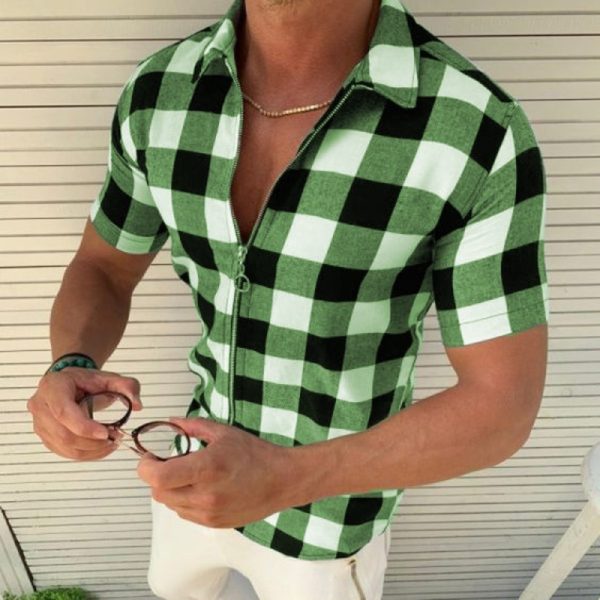 ⁦Plaid T Shirt Mens Zipper Short Sleeve Shirts Summer Men Clothing⁩ - الصورة ⁦5⁩