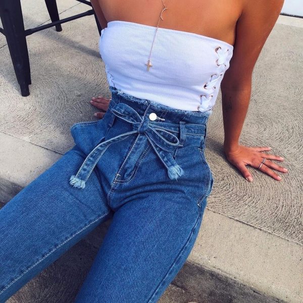 ⁦vintage tassels high waist jeans with gu charge women summer autumn⁩ - الصورة ⁦3⁩