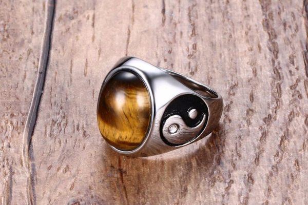⁦Vintage Men Boy Oval Tiger Eye Brown Stones with Yin Yang Symbol Ring in Stainless Steel Jewelry Mens Accessories Anel Aneis⁩ - الصورة ⁦2⁩