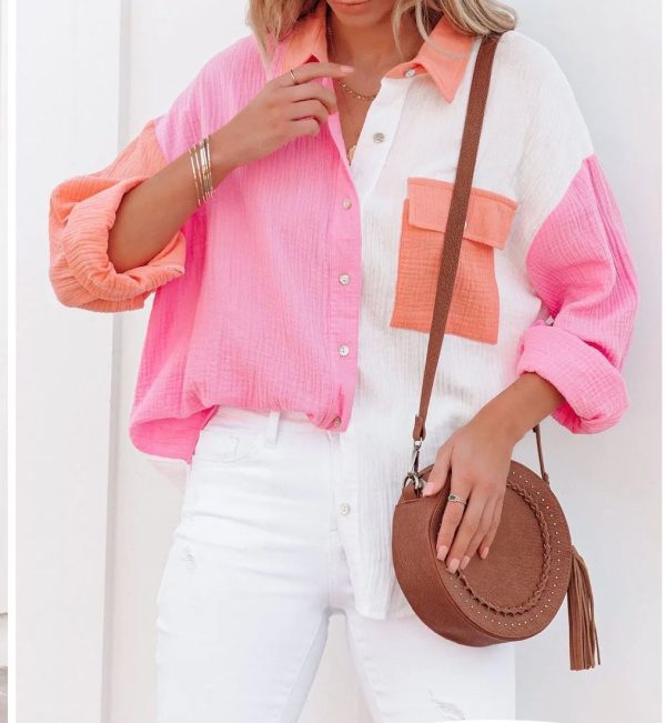 ⁦Fashion Multicolor Patchwork Long Sleeve Cardigan Women's Shirts⁩ - الصورة ⁦5⁩