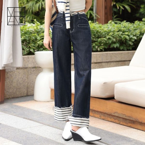 ⁦Striped Wide-leg Jeans For Women, Cuffed, High-end Design, Loose High-waist Straight⁩ - الصورة ⁦2⁩