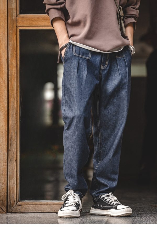 ⁦Vintage Denim Washed Elastic Waist Loose Jeans Cityboy Wide Leg Tapered Pants Men⁩ - الصورة ⁦7⁩