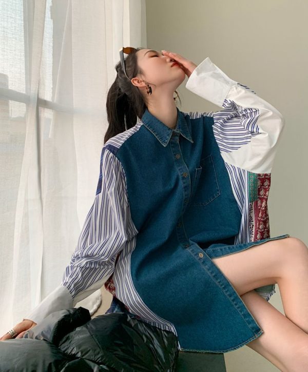 ⁦Women's Denim Patchwork Pattern Shirt Dress Loose Korean Style⁩ - الصورة ⁦9⁩
