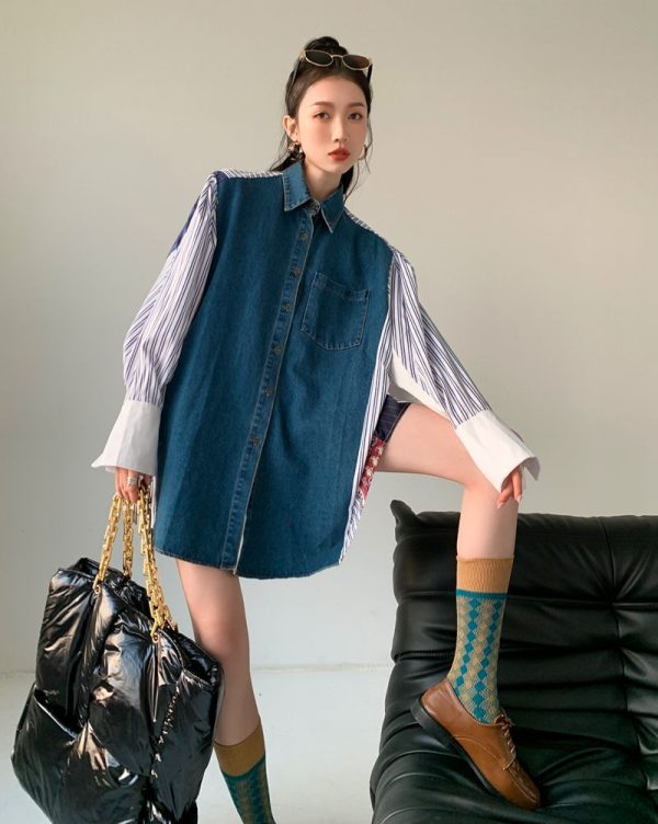 ⁦Women's Denim Patchwork Pattern Shirt Dress Loose Korean Style⁩ - الصورة ⁦10⁩