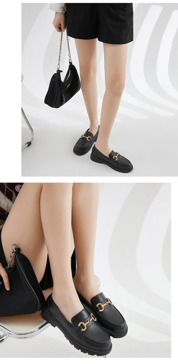 ⁦Women's British Style Retro Small Golden Button Round Toe PVC Slip-on Platform Shoes⁩ - الصورة ⁦6⁩