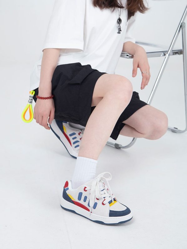 ⁦Suede White Blue Reddish Yellow Color Contrast Patchwork BAKE Men And Women Skateboard Shoes⁩ - الصورة ⁦8⁩