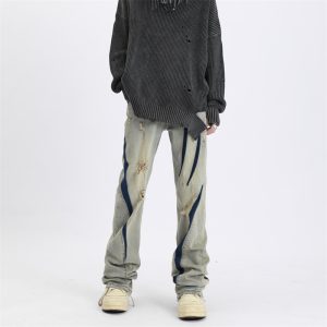 Contrast Color Spray Printing Ripped Jeans Men Loose Straight Trousers