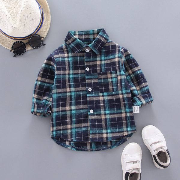 ⁦Boys And Girls Plaid Shirts Korean Style Loose Lapel Long Sleeves⁩ - الصورة ⁦5⁩