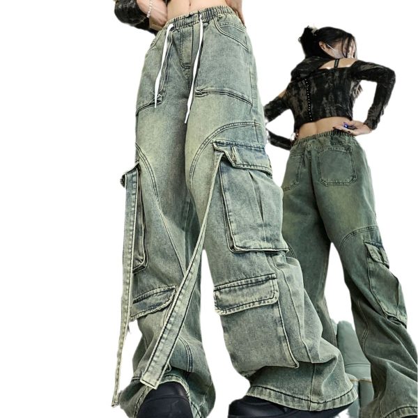 ⁦Vintage Jeans Worn Looking Washed-out Overalls For Women⁩ - الصورة ⁦2⁩