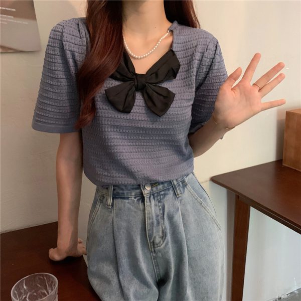⁦Sweet Turtleneck Round Neck Pearl Accessories Short Sleeve Sweater Bowknot Top Women⁩ - الصورة ⁦2⁩