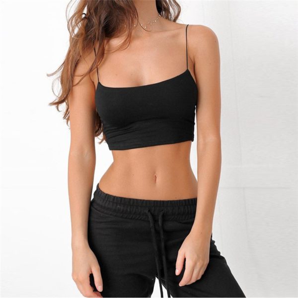 ⁦Summer Sexy Female Crop Tops Cotton Women Sleeveless Straps Tank Top Solid Fitness Lady Camis Casual White Black Top W1⁩ - الصورة ⁦2⁩