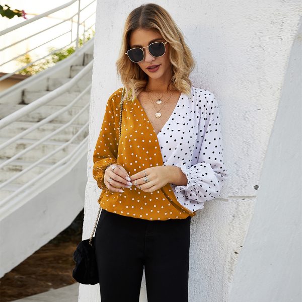 ⁦Women's Patchwork Polka Dot Long Sleeve Top Casual Shirt⁩ - الصورة ⁦5⁩