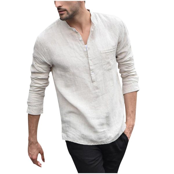 ⁦Men Vintage White Shirt Button Linen Shirts⁩ - الصورة ⁦2⁩