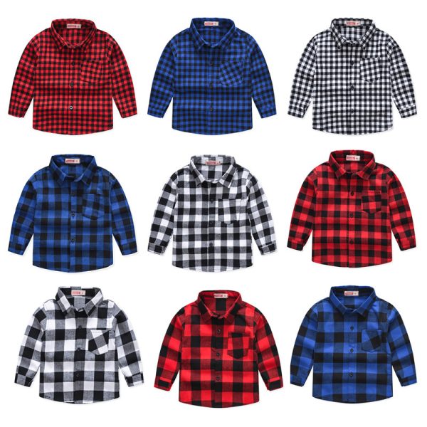 ⁦Boys And Girls Plaid Shirts Handsome Tops For Middle And Small Children⁩ - الصورة ⁦4⁩