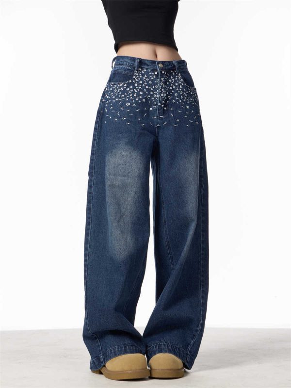 ⁦Vintage Floral Embroidered Straight Jeans Women Loose Casual Wide-leg Trousers⁩ - الصورة ⁦3⁩