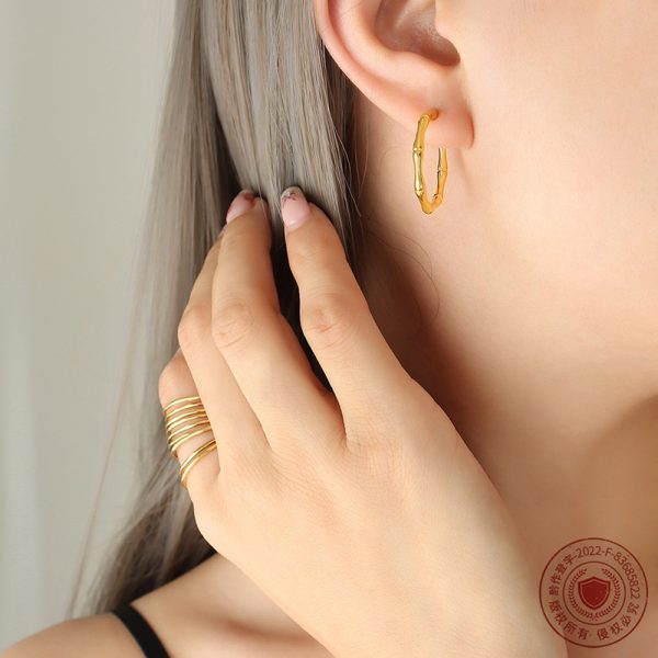 ⁦All-match Bone Joint Titanium Steel 18K Gold Plating C- Shaped Trending Earrings⁩ - الصورة ⁦3⁩