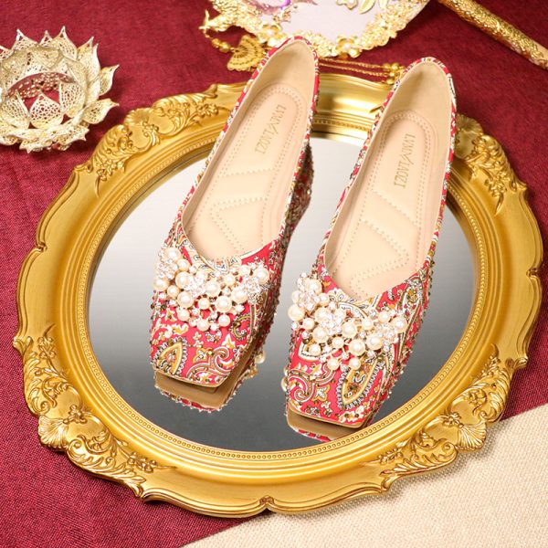 ⁦Women's Square Toe Light Lipstick Red Wedding Shoes⁩ - الصورة ⁦5⁩
