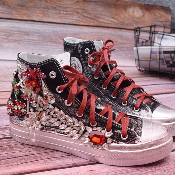 ⁦Beaded Three-dimensional Flower Color Matching Western Style High-top Canvas Women's Shoes⁩ - الصورة ⁦5⁩